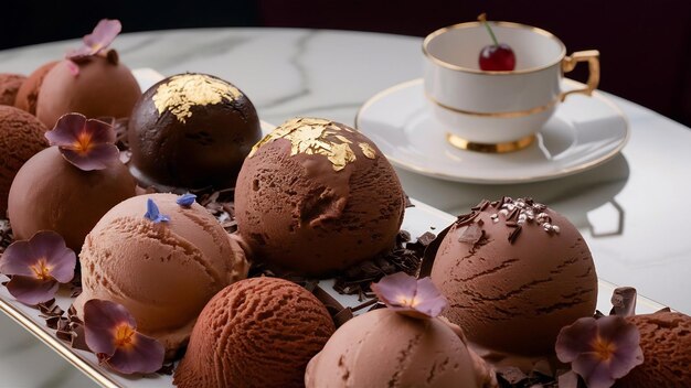 Photo des cuillères de crème glacée au chocolat en haut sur la table