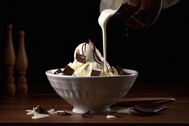 des cuillères de glace à la vanille en versant du sirop de chocolat générées par l'IA