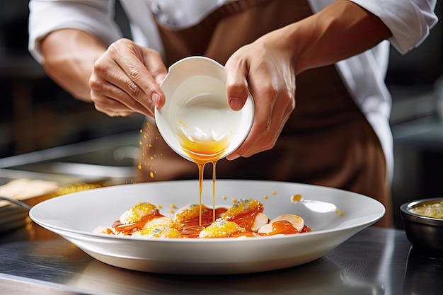 Cuire dans un tablier en ajoutant de la sauce au plat Chef recadré préparant un repas dans la cuisine chef cuisinier