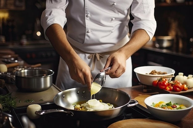 Cuire dans un tablier en ajoutant de la sauce au plat Chef recadré préparant un repas dans la cuisine chef cuisinier