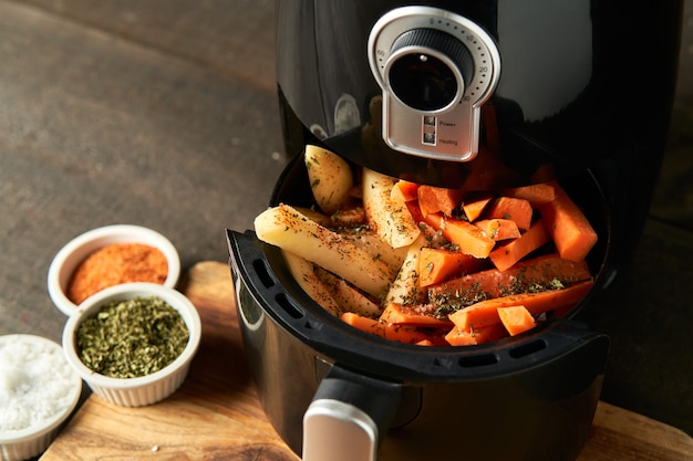 Cuire les pommes de terre et les bâtonnets de carottes avec des épices dans une friteuse à air