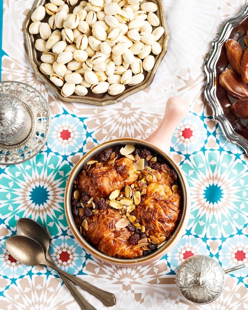 La Cuisine Arabe Dessert Traditionnel Égyptien Om Ali ou Umm Ali Pain Trempé Lait et Charge de Noix Grillées et Raisins