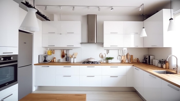 Une cuisine avec une armoire blanche qui a un dessus en bois qui dit "cuisine" dessus