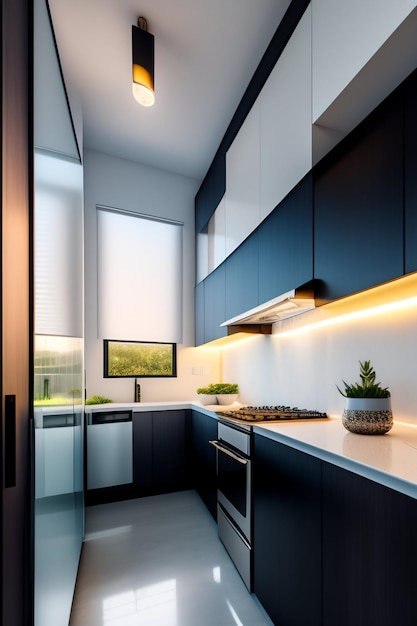 Une cuisine avec des armoires noires et un comptoir blanc avec une plante dessus.