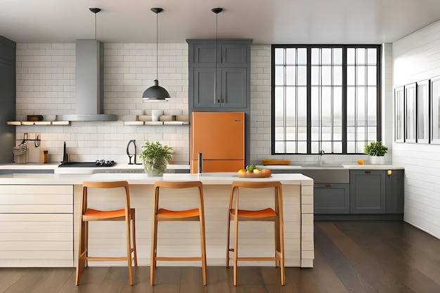 Photo une cuisine avec armoires orange et un îlot de cuisine blanc.