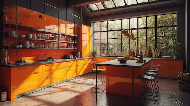 Une cuisine avec des armoires oranges et une grande fenêtre.