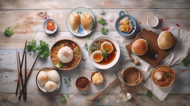 Cuisine asiatique sur un fond de table en bois rustique blanc Vue de dessus