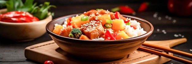cuisine asiatique riz avec des légumes et des morceaux de poulet