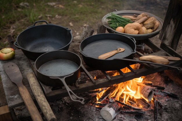 Cuisine au feu de camp avec poêle en fonte et ustensiles assaisonnés créés avec une IA générative