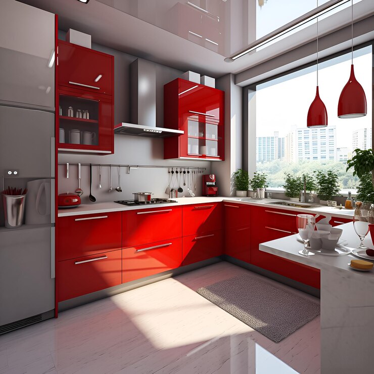 Une cuisine aux couleurs rouges et blanches.