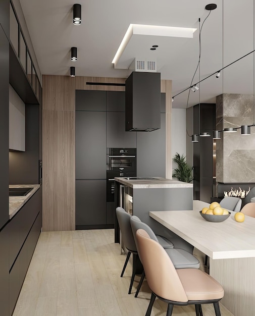 une cuisine avec un bar et une table avec des chaises et un poêle