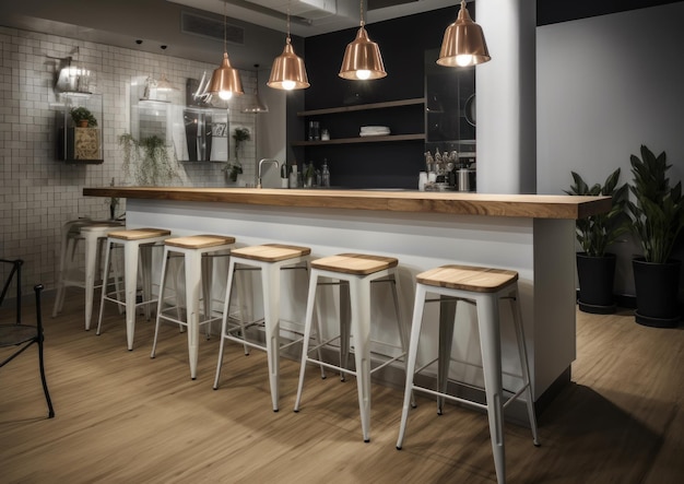 Une cuisine avec un bar avec des tabourets de bar et un mur de plantes.