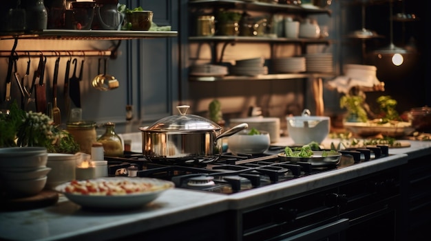 Une cuisine avec beaucoup de casseroles et de poêles sur le poêle ai