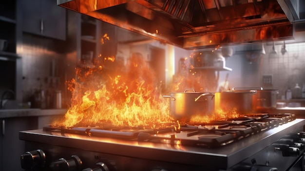 Cuisine avec beaucoup de feu au milieu et un poêle en feu au milieu de la cuisine avec beaucoup de flammes sur le comptoir du poêle IA générative