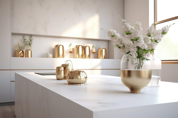 Une cuisine blanche avec des accents dorés et un vase avec des fleurs dessus.