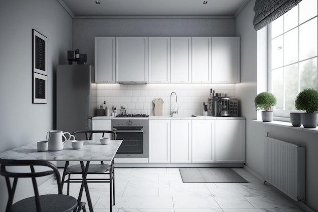 Cuisine blanche moderne et intérieur de salle à manger avec meubles et ustensiles de cuisine fond intérieur de cuisine cuisine de luxe AI générative