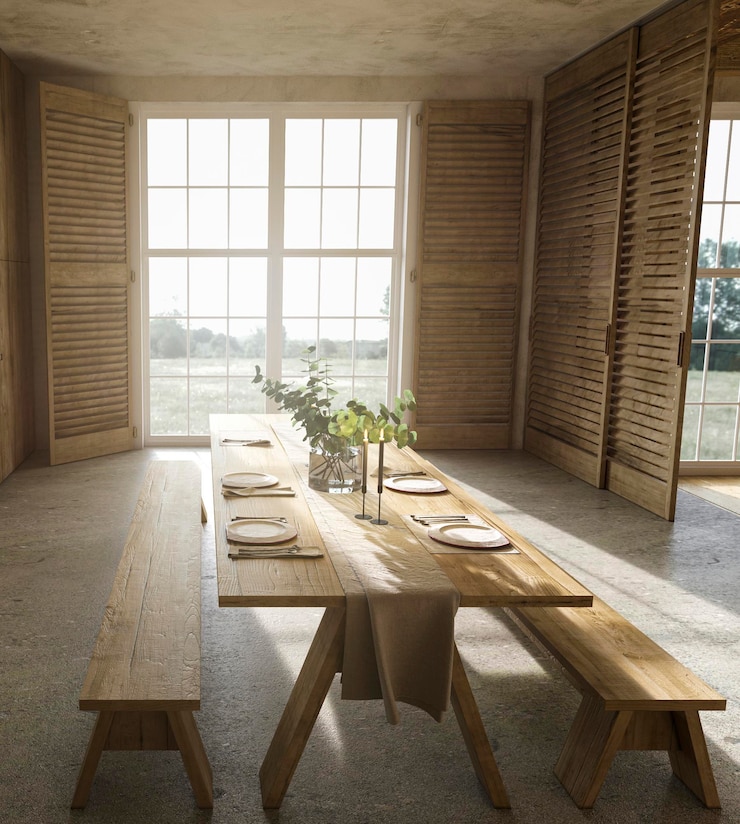 Photo cuisine en bois de ferme scandinave et grandes fenêtres avec vue sur la nature illustration de rendu 3d