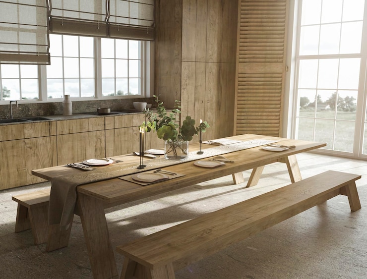 Photo cuisine en bois de style ferme scandinave avec table à manger avec vaisselle illustration de rendu 3d