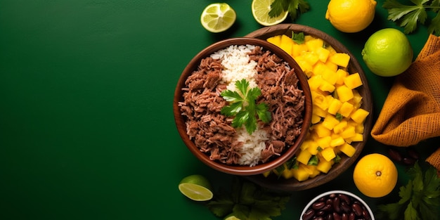 Cuisine brésilienne vibrante à plat avec feijoada et fruits