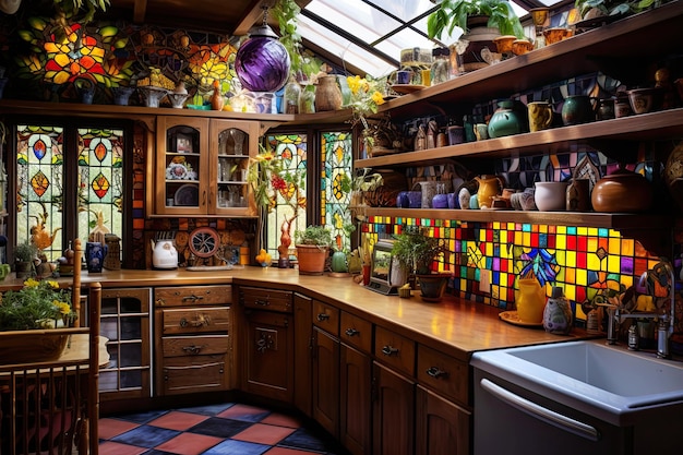 Cuisine avec carreaux de mosaïque multicolores sur les murs Étagères en bois ouvertes, meubles vintage