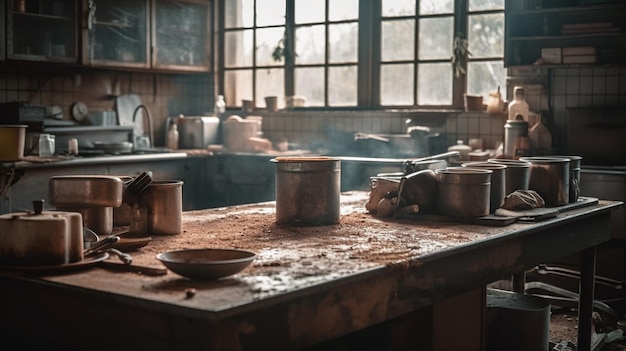 Une cuisine avec des casseroles et des poêles sur une table avec une fenêtre derrière eux