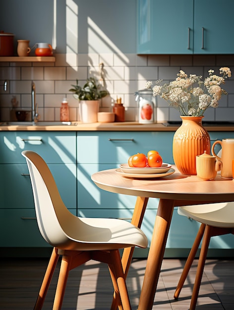 Photo cuisine avec des chaises colorées et une table en bois dans le style du ciel clair