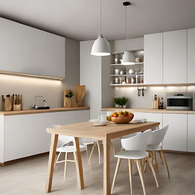 Photo une cuisine avec des chaises de table et un bol de fruits sur la table