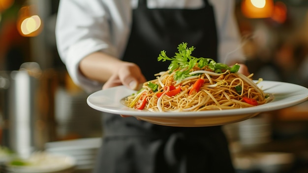 Cuisine chinoise Chow Mein avec espace de copie Le serveur sert en mouvement en service dans le restaurant Le serveur porte les plats