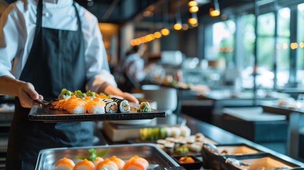 Cuisine chinoise Sushi avec espace de copie Serviteur en mouvement en service au restaurant Le serveur porte les plats