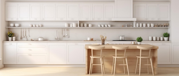 Cuisine classique scandinave avec des détails en bois et blancs