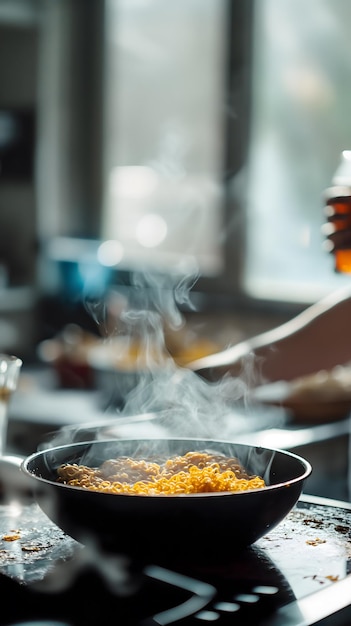 Une cuisine confortable avec un bol à vapeur et une lumière naturelle chaude