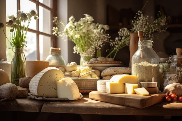 Une cuisine confortable avec divers fromages, du pain et des fleurs près de la fenêtre éclairée par le soleil chaud