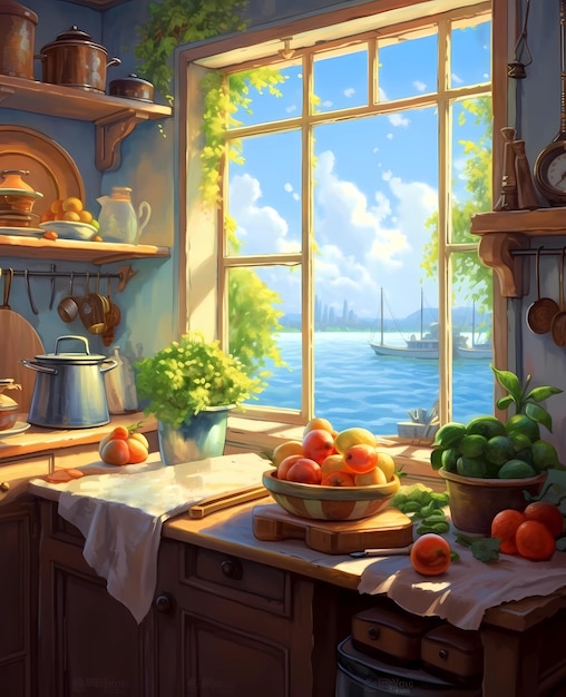 cuisine confortable avec une vue magnifique de la fenêtre