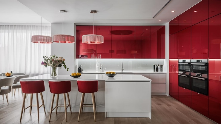 Photo cuisine contemporaine avec un design rouge audacieux et des touches de finition élégantes