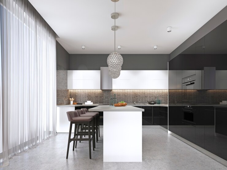 Photo cuisine contemporaine avec une façade noire brillante avec un îlot et des tabourets de bar. rendu 3d