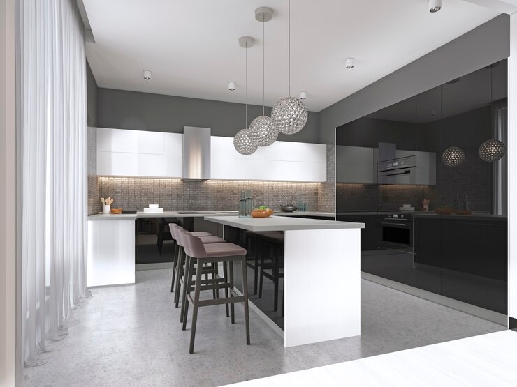 Photo cuisine contemporaine avec une façade noire brillante avec un îlot et des tabourets de bar. rendu 3d