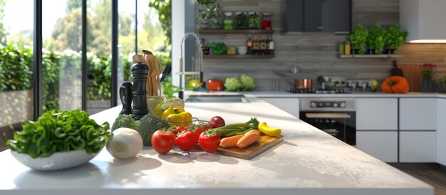 Photo cuisine contemporaine avec des légumes exposés sur le comptoir blanc