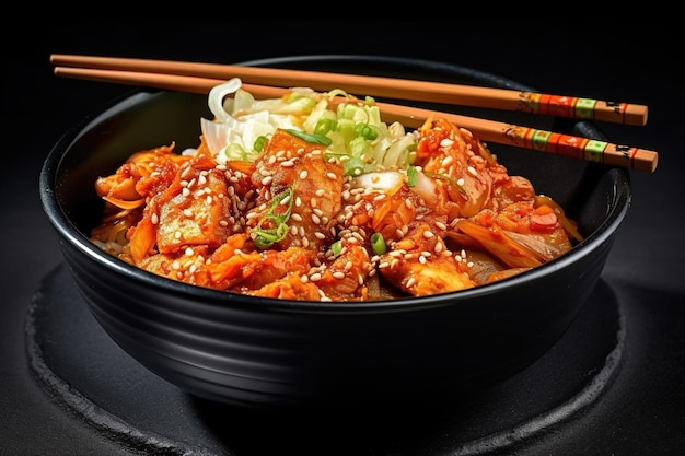 Cuisine coréenne kimchi épicé dans un bol avec des baguettes