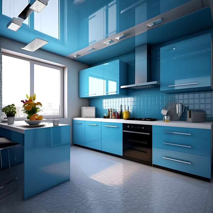 Une cuisine avec une cuisine bleue avec une cuisinière, un four et une cuisinière.