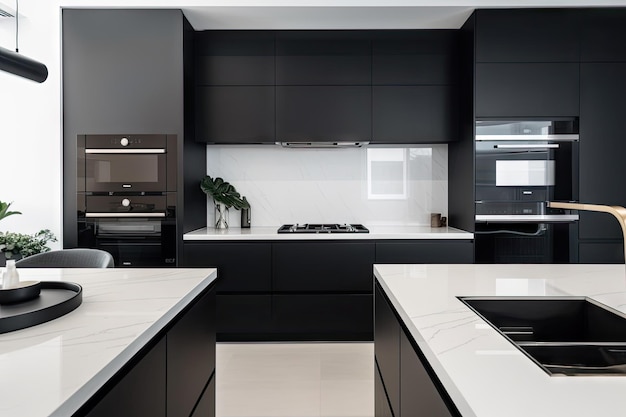 Cuisine domestique minimaliste avec des appareils électroménagers noirs élégants et des comptoirs blancs