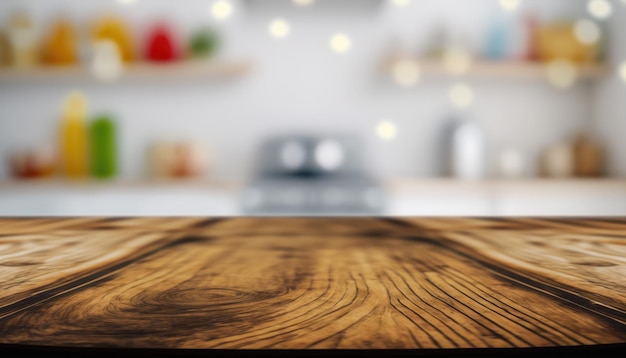 Cuisine à domicile - Table en bois vide pour l'affichage des produits et l'arrière-plan bokeh, espace pour le texte