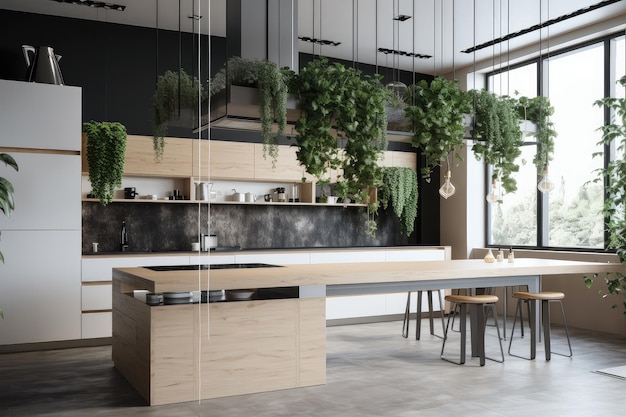 Une cuisine élégante et moderne avec une variété de verdure, y compris des bonsaïs et des plantes suspendues