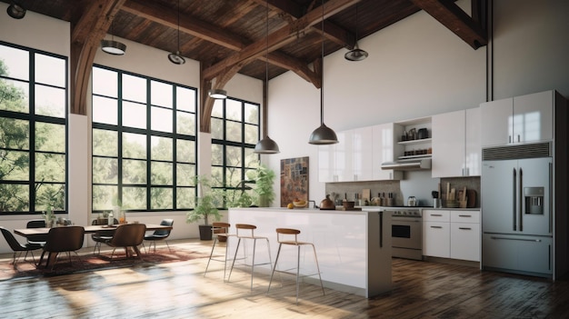 Cuisine élégante et spacieuse de style loft avec coin repas Façades blanches un bar avec tabourets de bar une table à manger en bois avec des chaises fenêtres panoramiques donnant sur le jardin