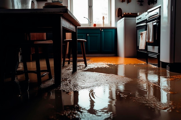 Photo une cuisine avec un évier et un évier de cuisine qui a de l'eau dessus.