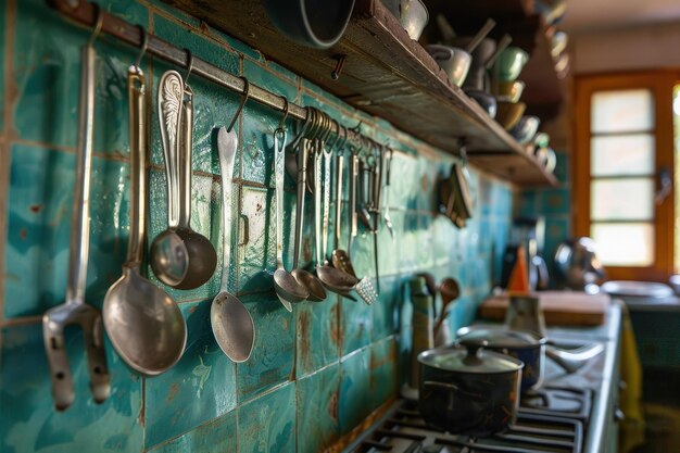 Une cuisine avec un four de poêle et beaucoup de pots et de casseroles accrochés