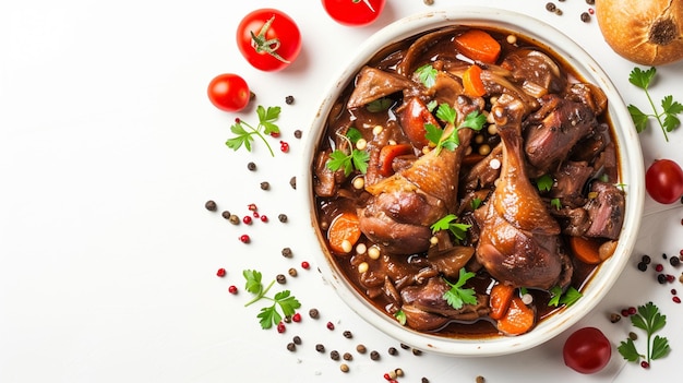 Photo cuisine française coq au vin avec espace de copie et isolé sur fond blanc