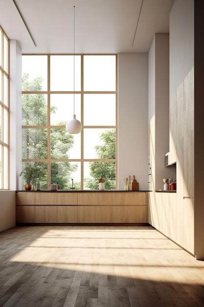 Une cuisine avec une grande fenêtre qui a une lumière dessus et une lumière sur le dessus.