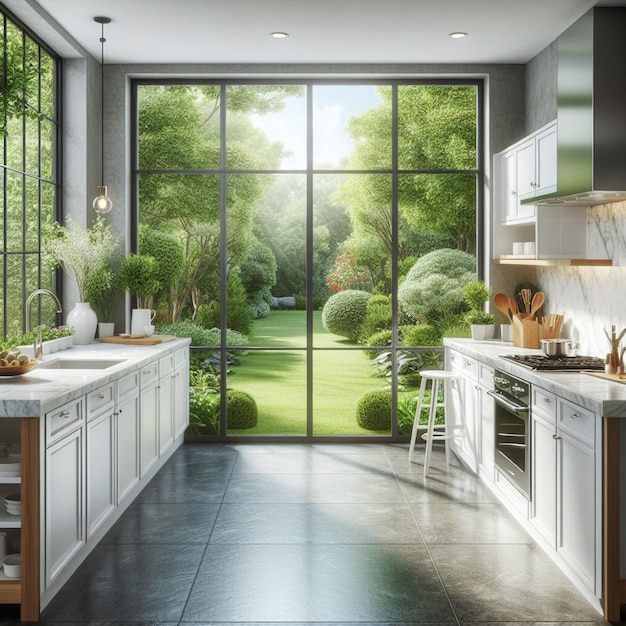 une cuisine avec une grande fenêtre qui offre une vue sur le jardin