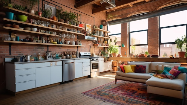 Une cuisine de grenier éclectique exposée à la beauté architecturale et au mélange créatif