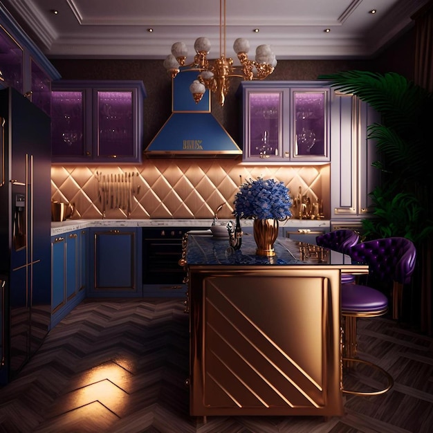 Photo une cuisine avec un îlot de cuisine bleu et violet avec un lingot d'or.